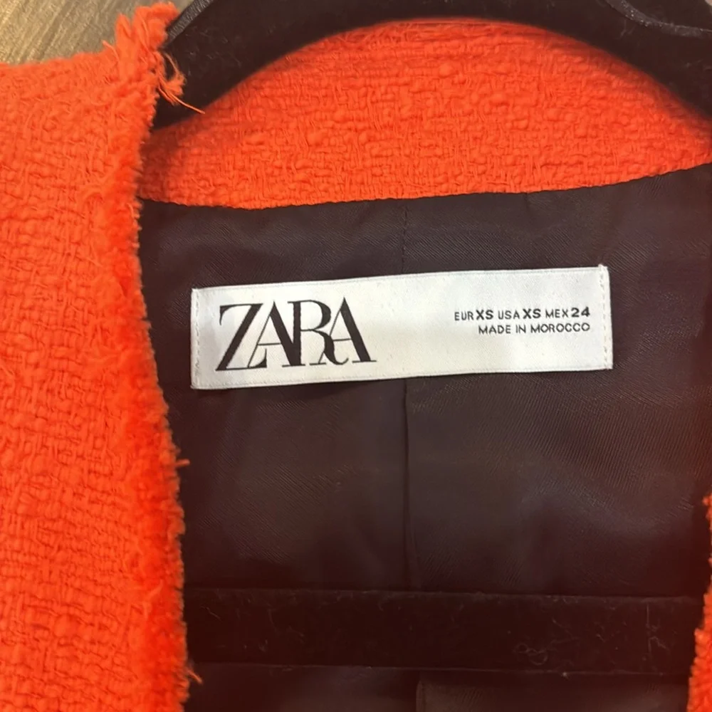 Zara Bright Orange Red Tweed Diamond Button Blazer - Picture 13 of 15